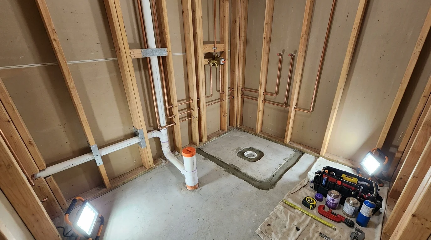 Bathroom rough-in plumbing during remodel by Johns Plumbing LLC in Coatesville
