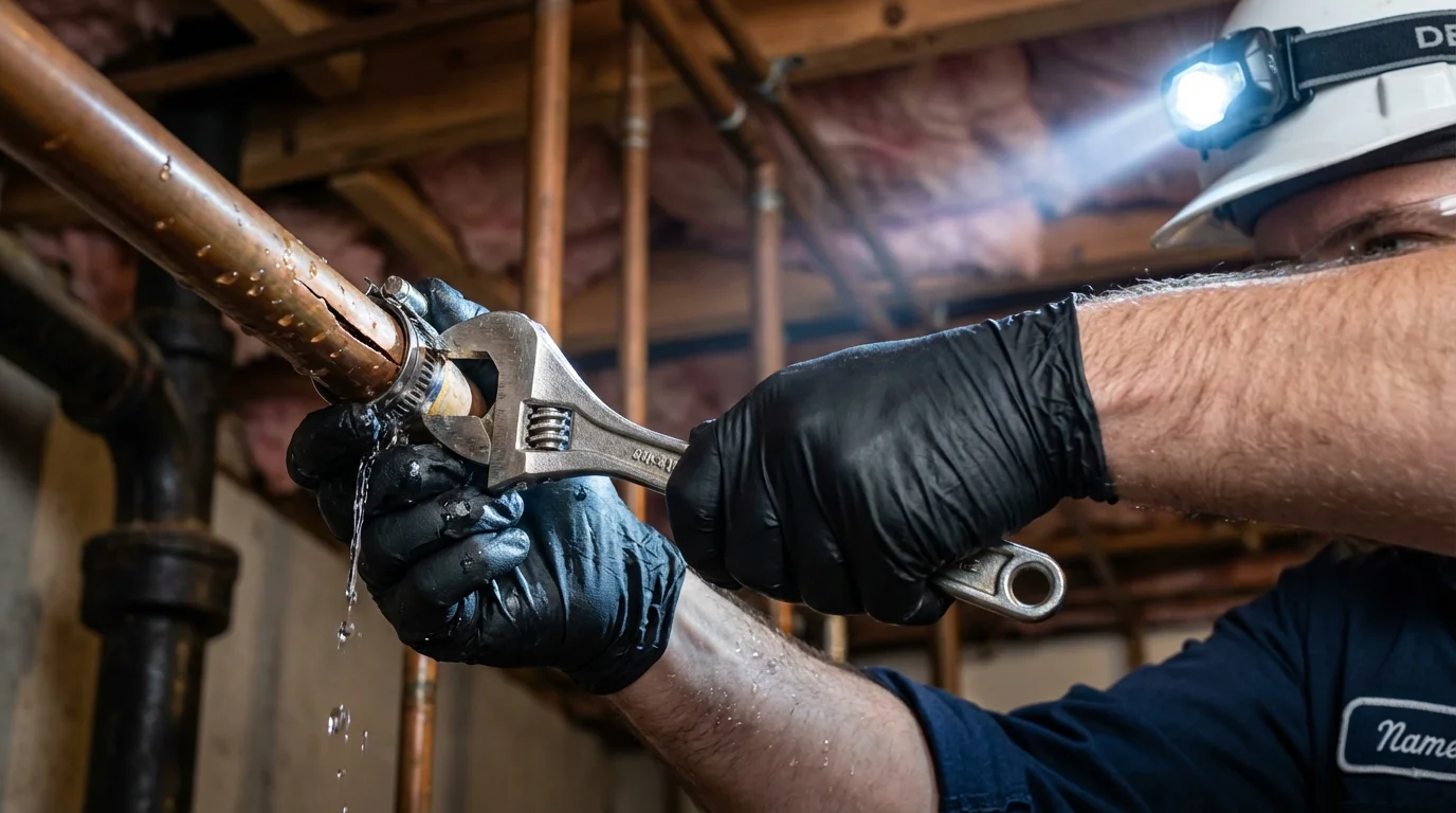 Emergency pipe clamp repair being performed by a Johns Plumbing LLC plumber in Coatesville