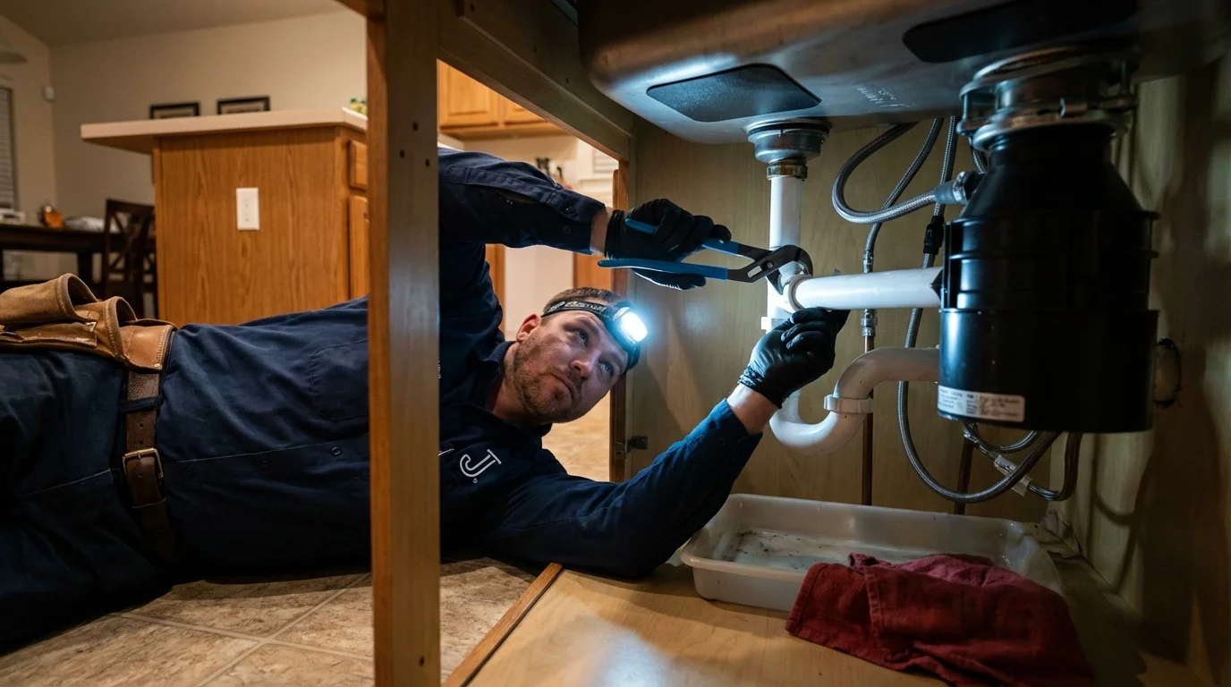 P-trap and supply line connections under a kitchen sink showing a common leak point in Coatesville, PA
